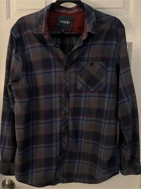 Kolby Men’s Navy & Gray & Burgundy Plaid Button-Up Shirt Size Large